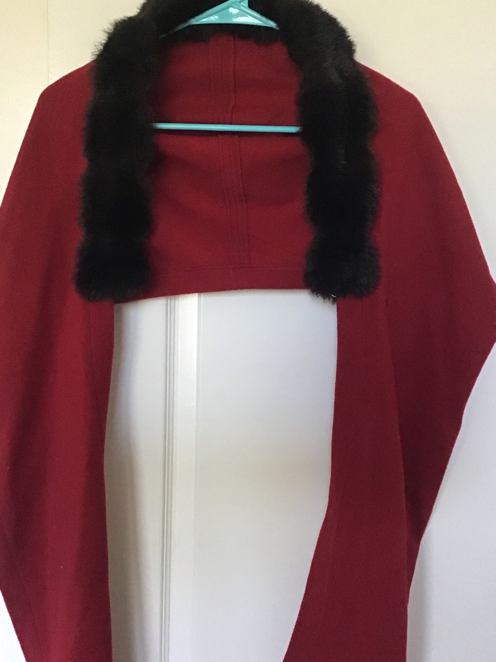 Wine Red Wool Shawl with Black Fur Trim